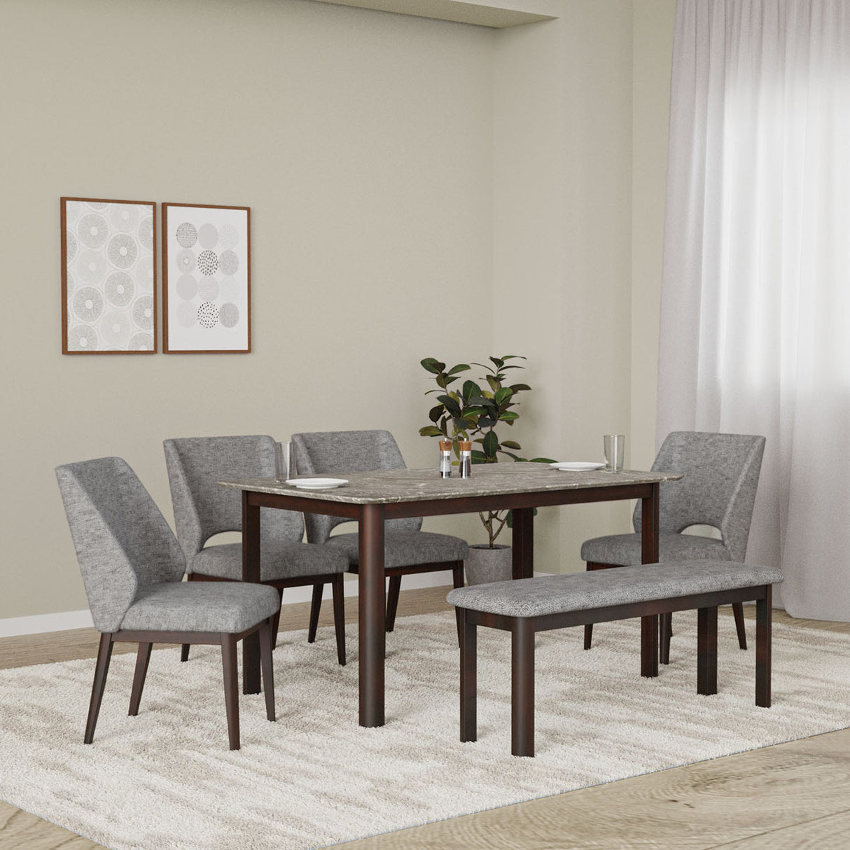 Nilkamal Lindsey 1 4 Bench Dining Kit Marble Beige