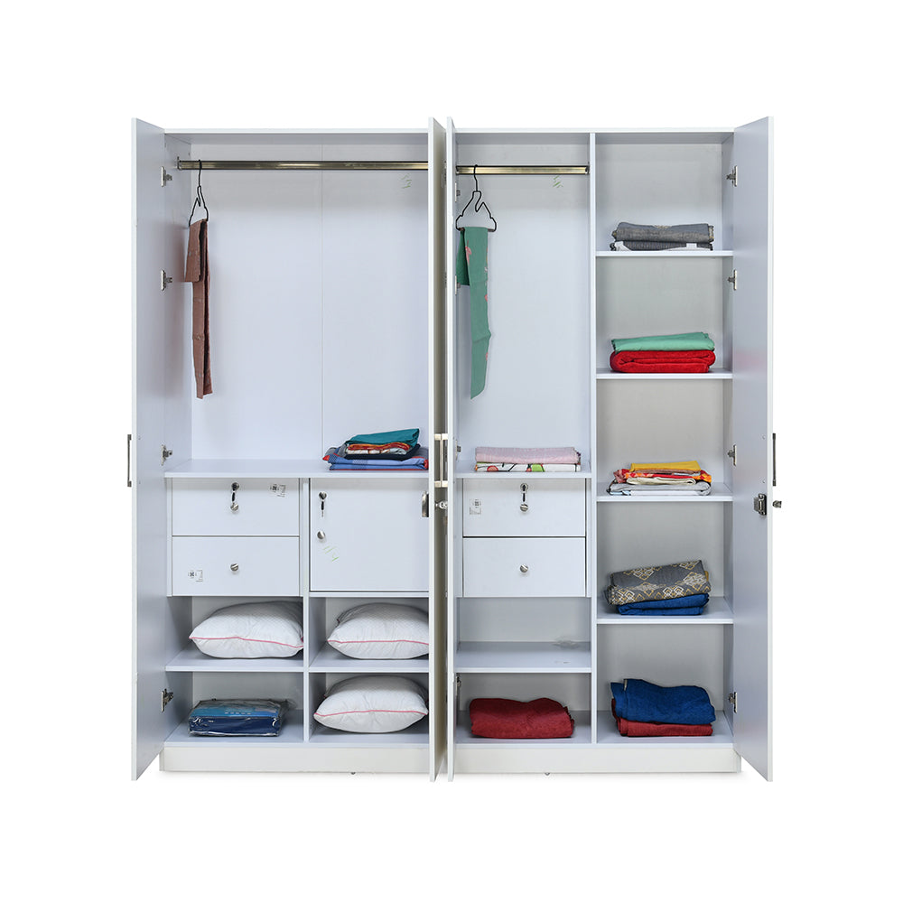 Max 4 Door Wardrobe (Frosty White) - Open View With Storage