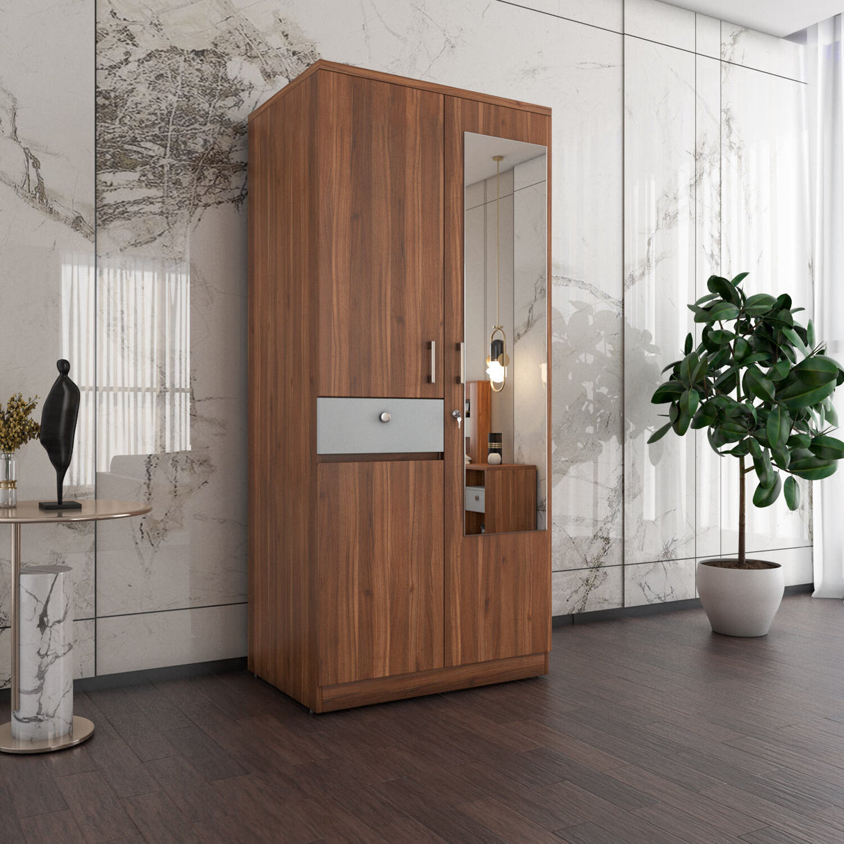 Magnus 2 Door Engineered Wood Wardrobe (Lyon Walnut)