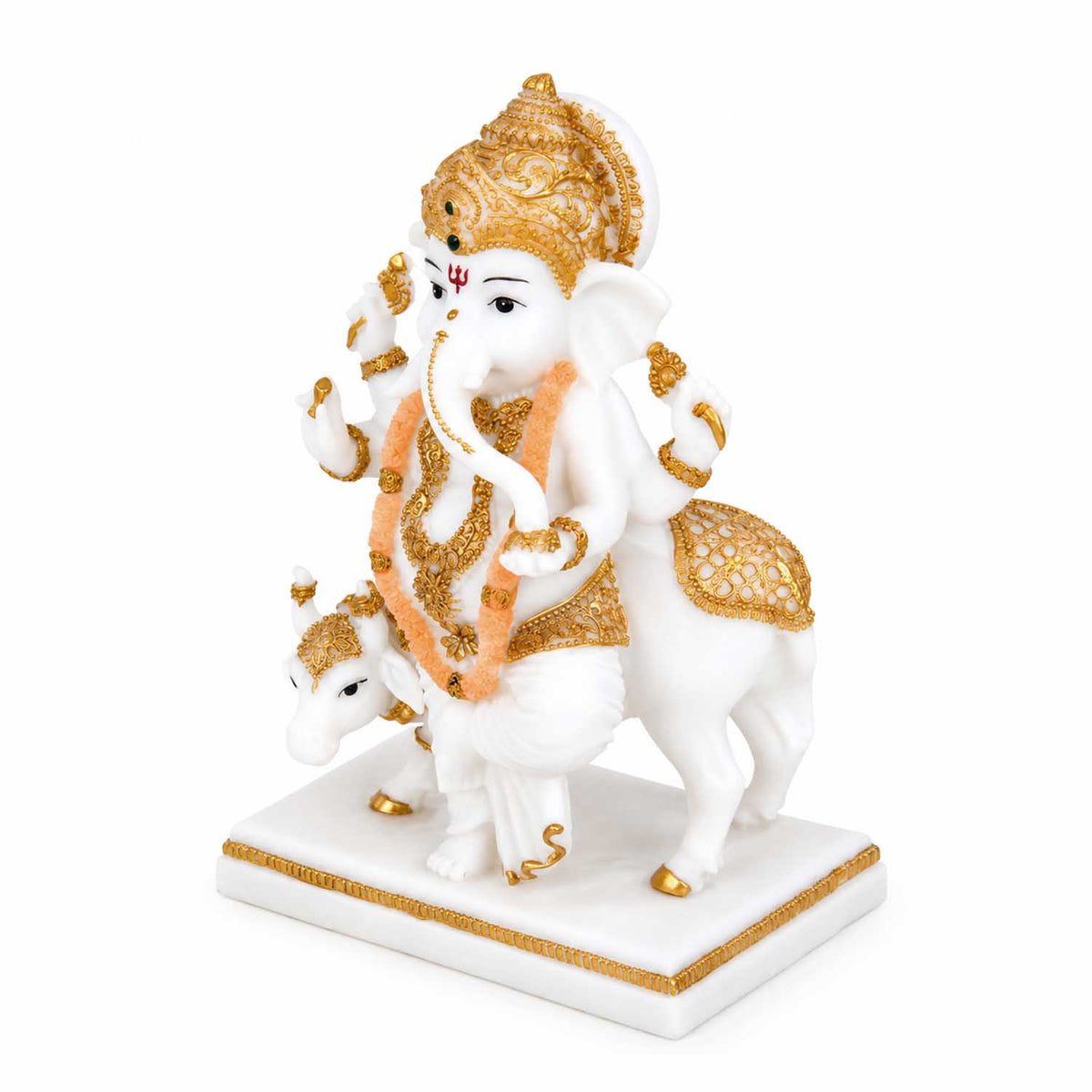 Vandanam Decorative Ganesha and Cow Showpiece- White & Gold