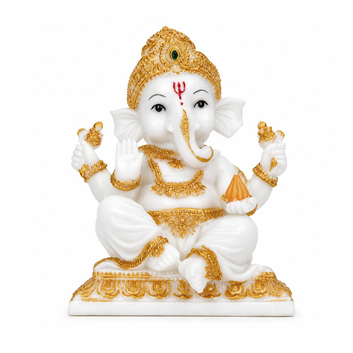 Vandanam Decorative Sitting Ganesha with Modak Showpiece- White & Gold