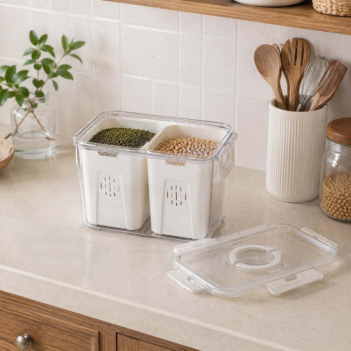 Multipurpose 2 Compartment Storage Cannister with Lid and Handle- Cream