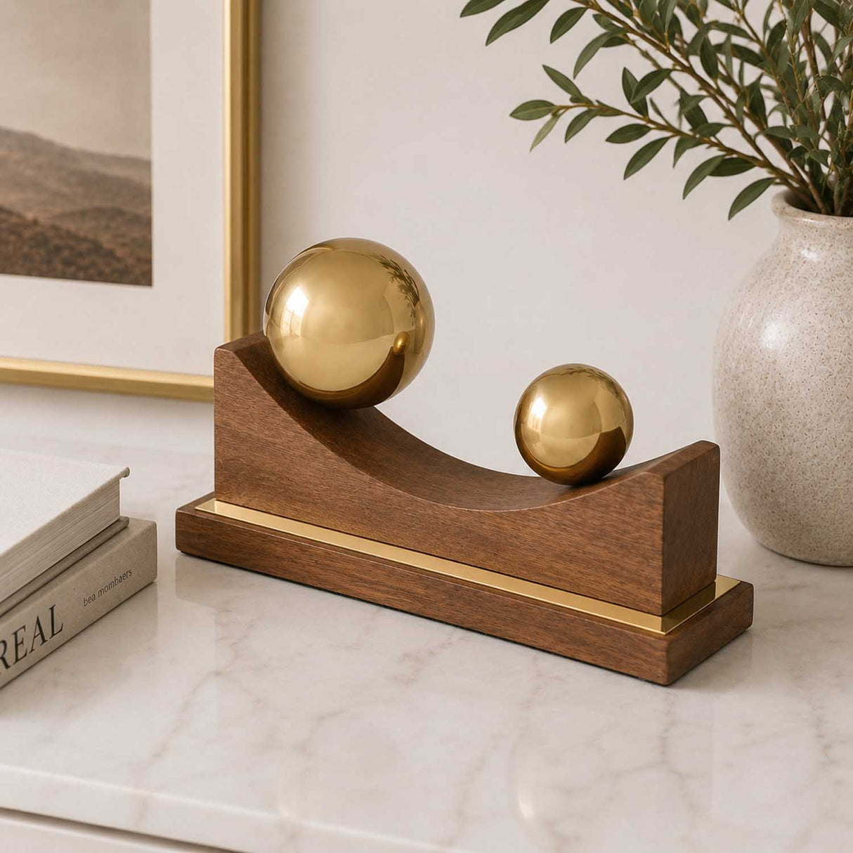Sphere Balance Metal and Wooden Showpiece- Gold & Brown, Small