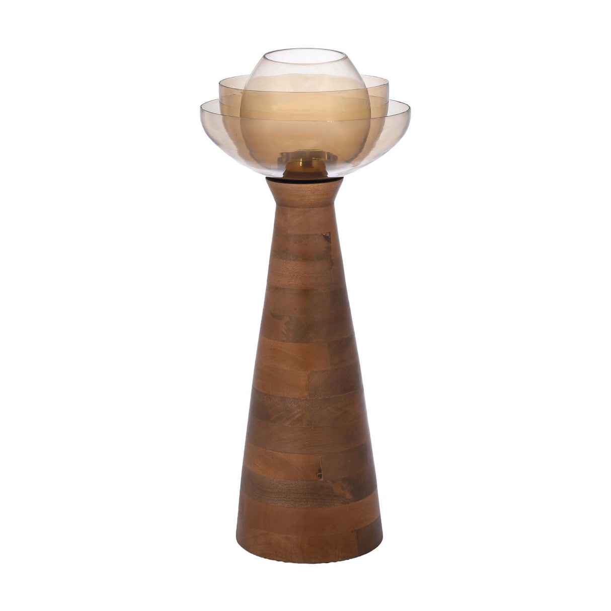 Decorative Glass & Wooden Candle Holder- Gold & Brown, Small