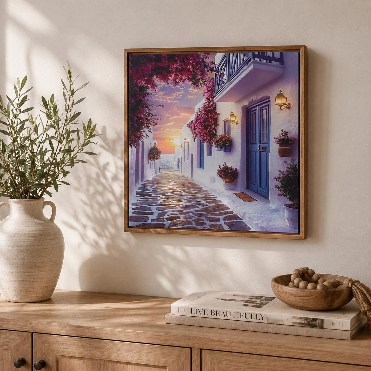 Santorini Street Canvas Wall Painting with LED Light- Blue