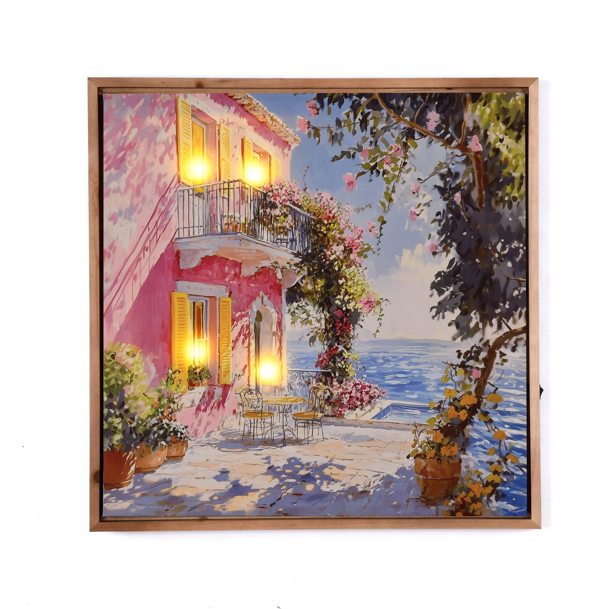Beachside Bungalow Canvas Wall Painting with LED Light- Pink