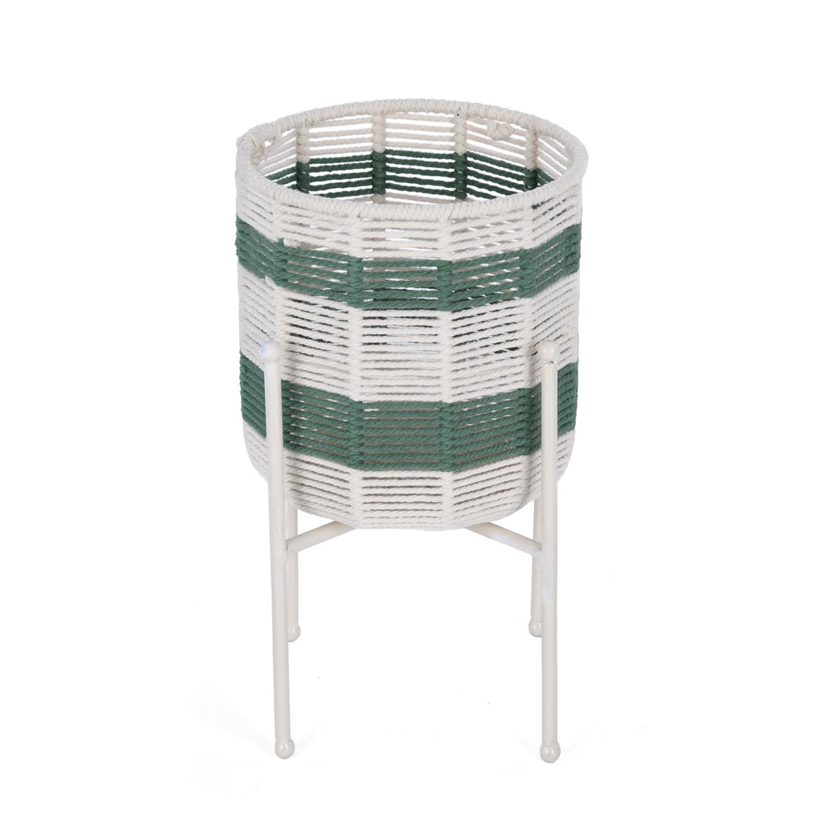 Decorative Woven Cotton and Iron Planter with Stand- Green & Beige, Small