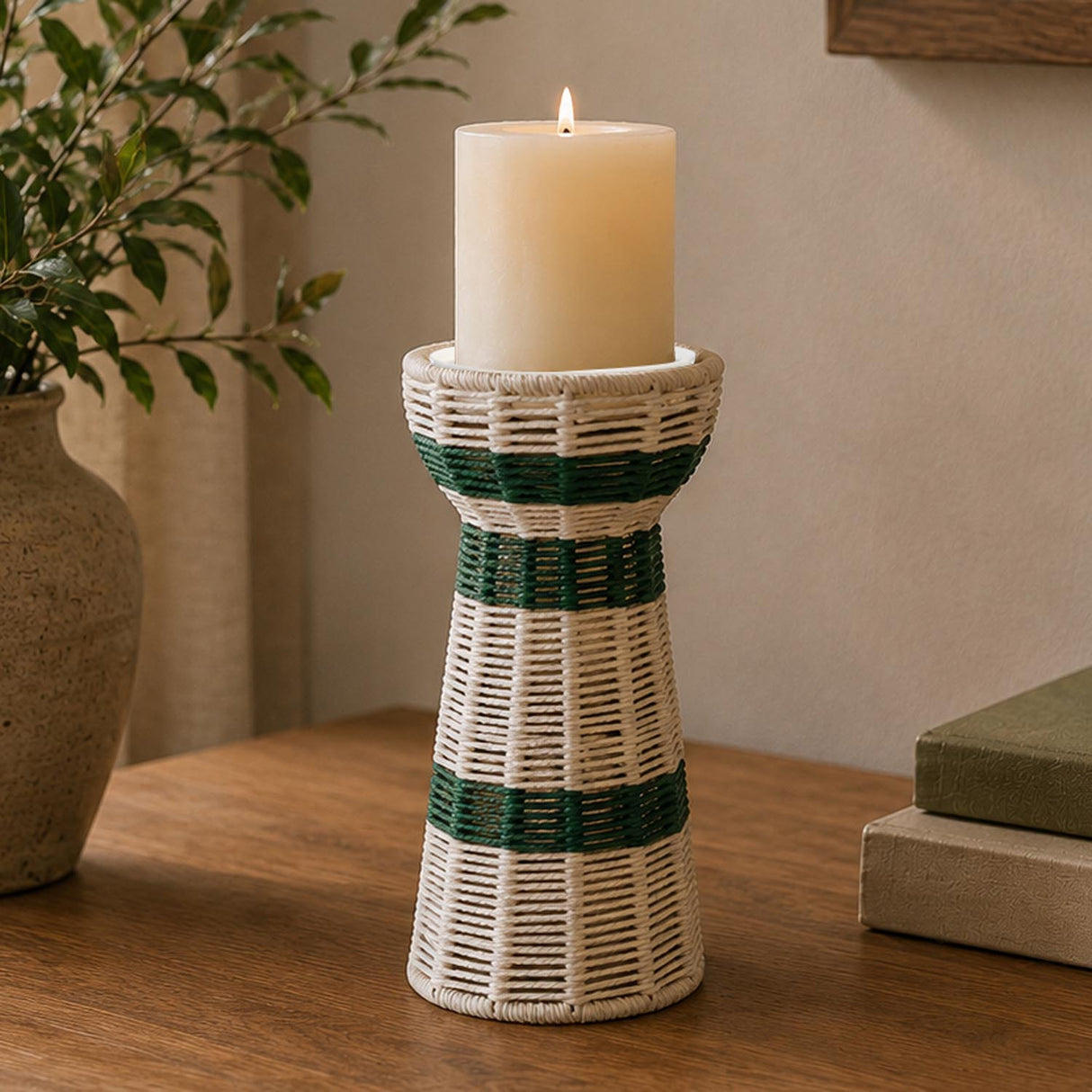Decorative Tapered Candle Holder- Green & Beige, Large