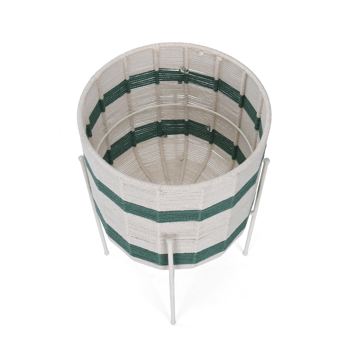 Decorative Woven Cotton and Iron Planter with Stand- Green & Beige, Large