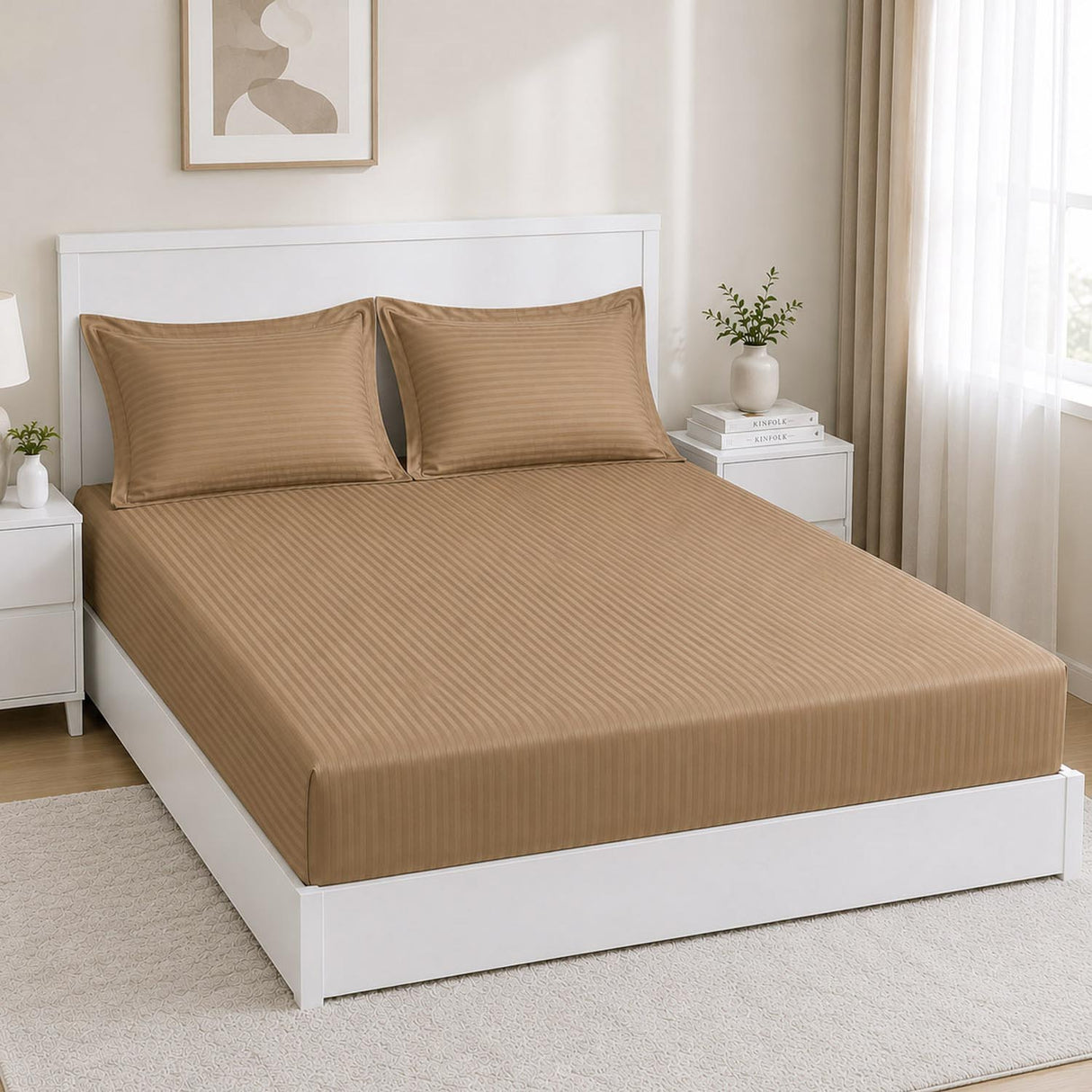 Solid Polyester Queen Bedsheet with 2 Pillow Covers- Camel