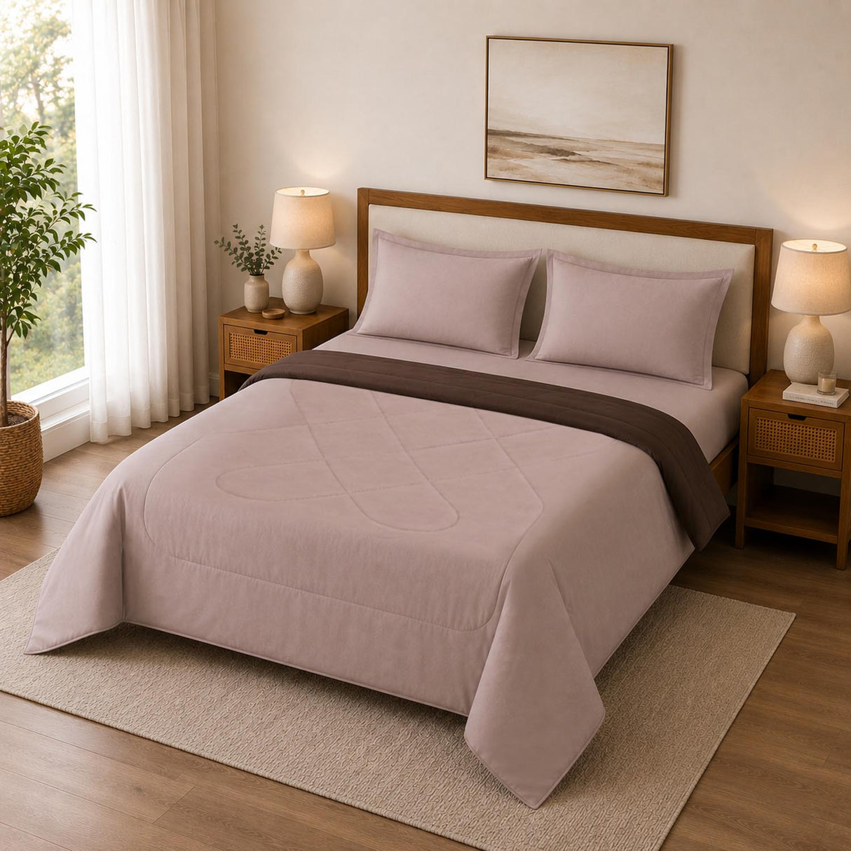 Solid 4 Pieces Polyester Double Bedding Set- Mocha