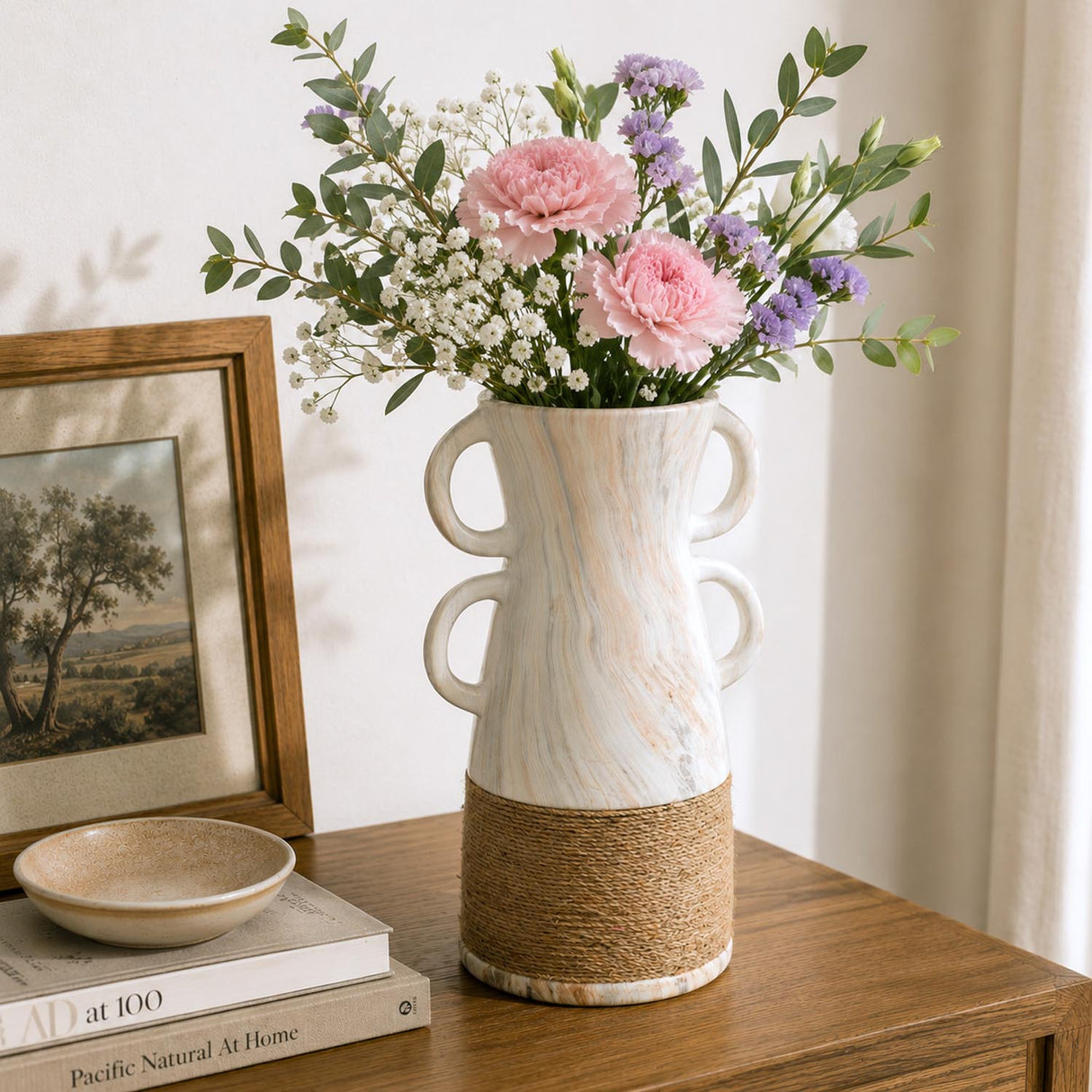 Dual Loop Ceramic Vase- White & Brown, Large