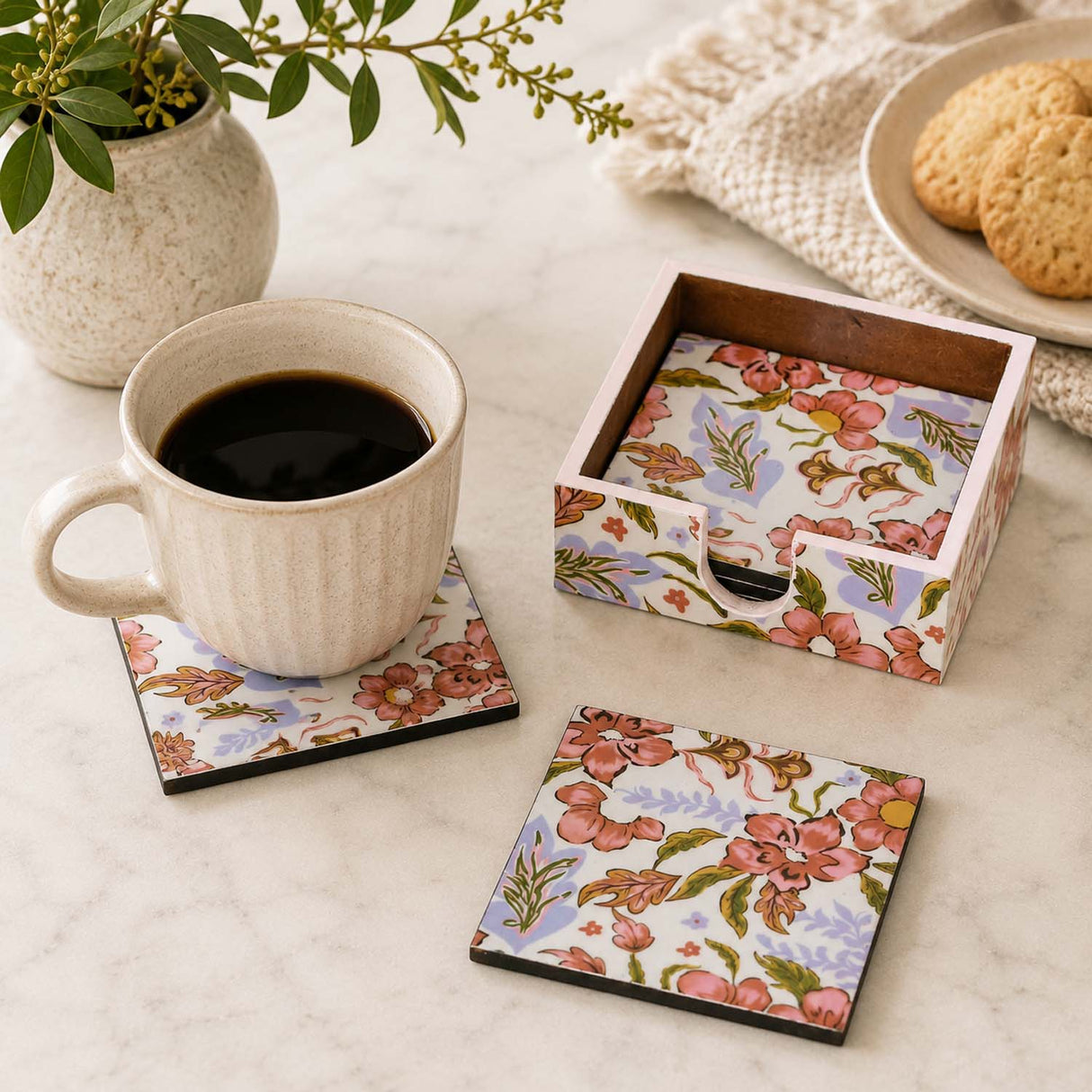 Wooden Coasters Set of 6 with Stand- Pink