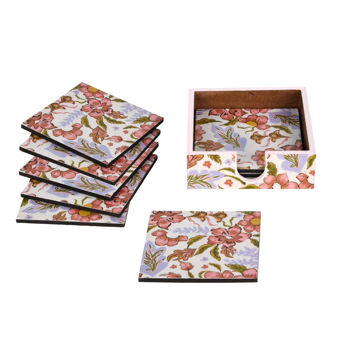 Wooden Coasters Set of 6 with Stand- Pink