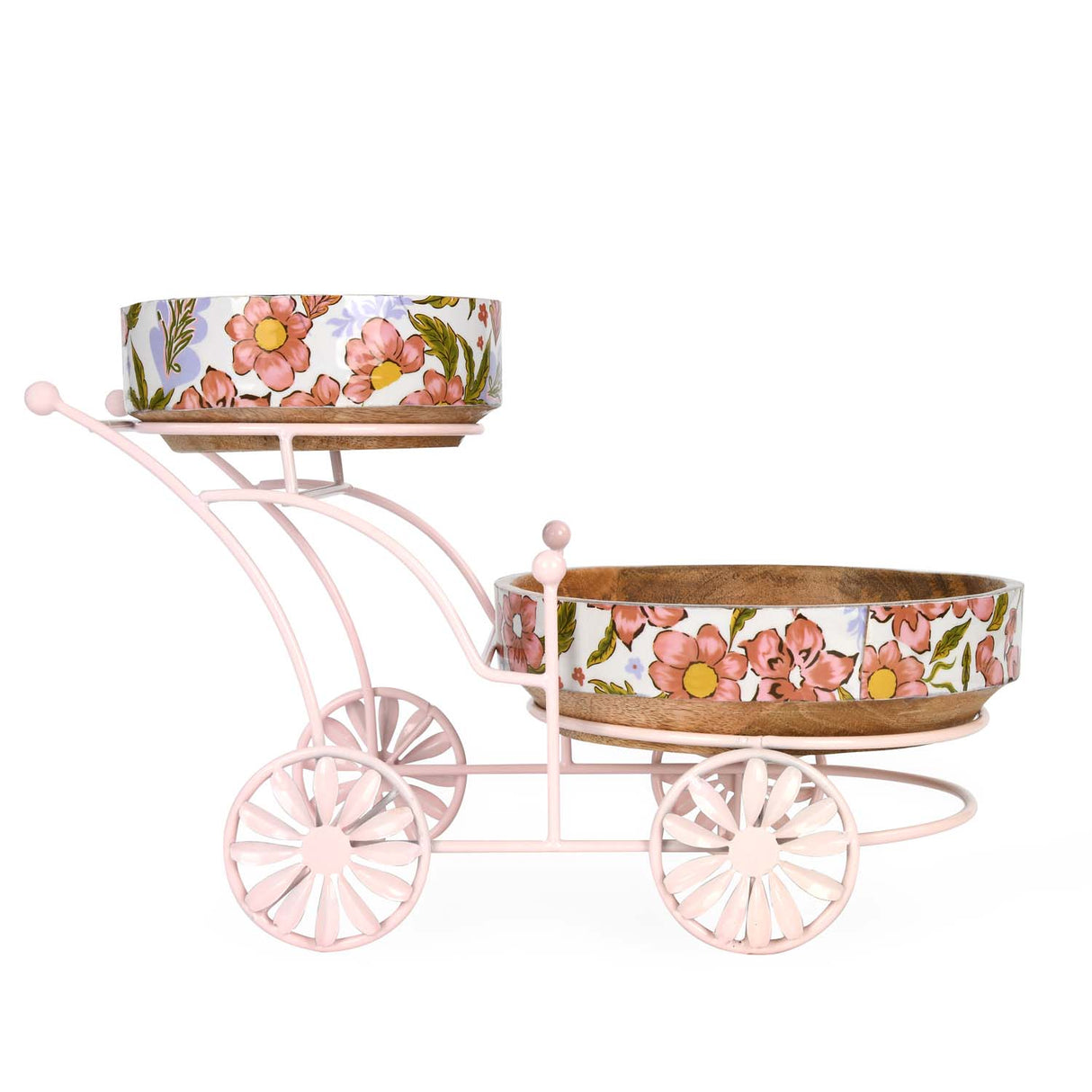 Floral Wooden and Metal Serving Cart with 2 Bowls- Pink