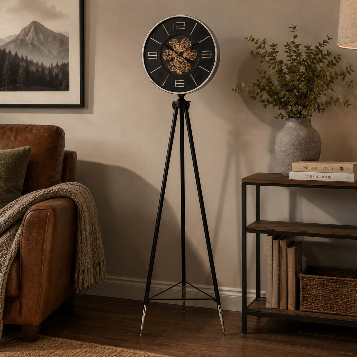 Gear Mechanism Floor Clock- Black & Silver