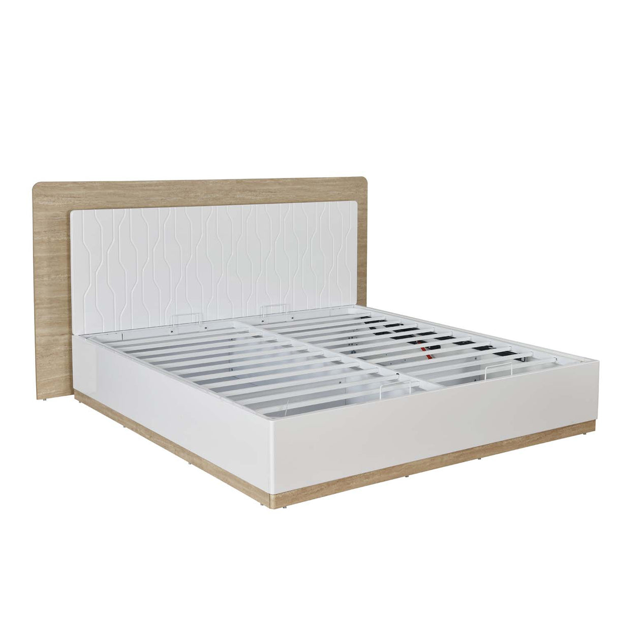 Tron Queen Bed with Hydraulic Storage- Travertine & White