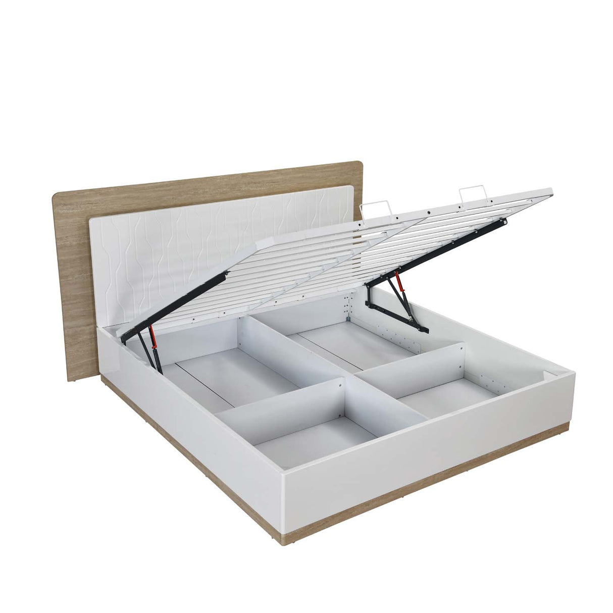 Tron Queen Bed with Hydraulic Storage- Travertine & White