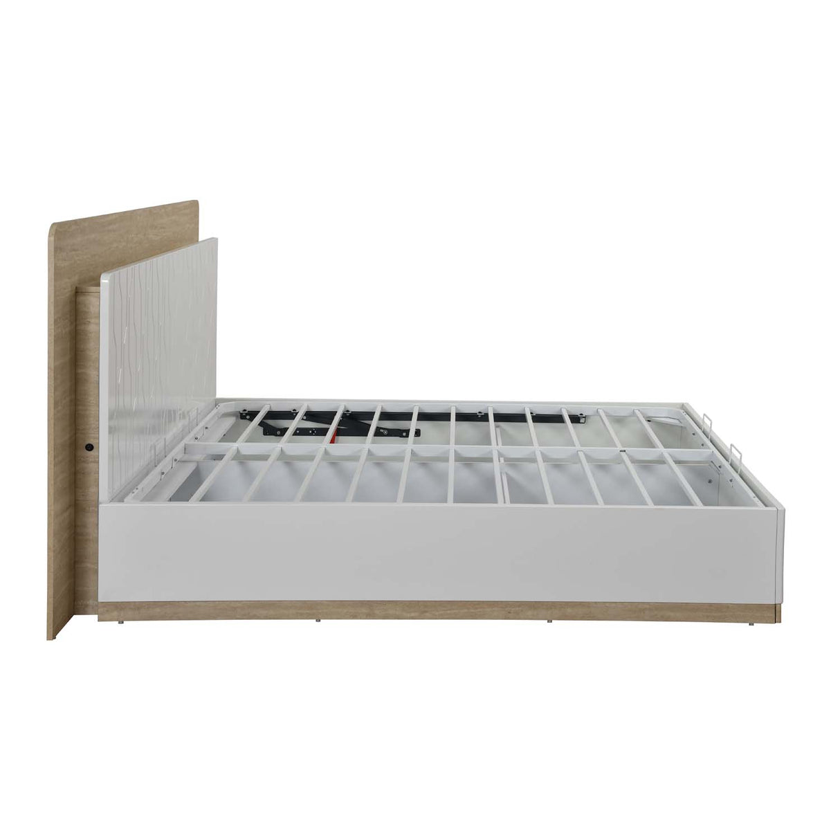 Tron Queen Bed with Hydraulic Storage- Travertine & White