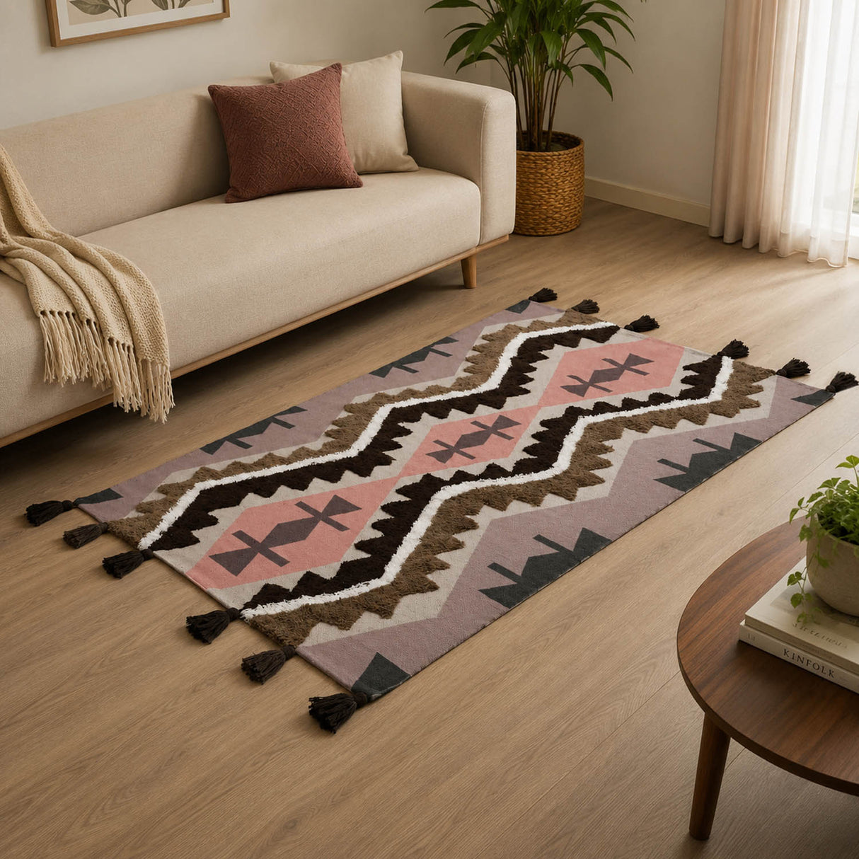 Zigzag Cotton 120 x 180 cm Rug- Brown & Peach