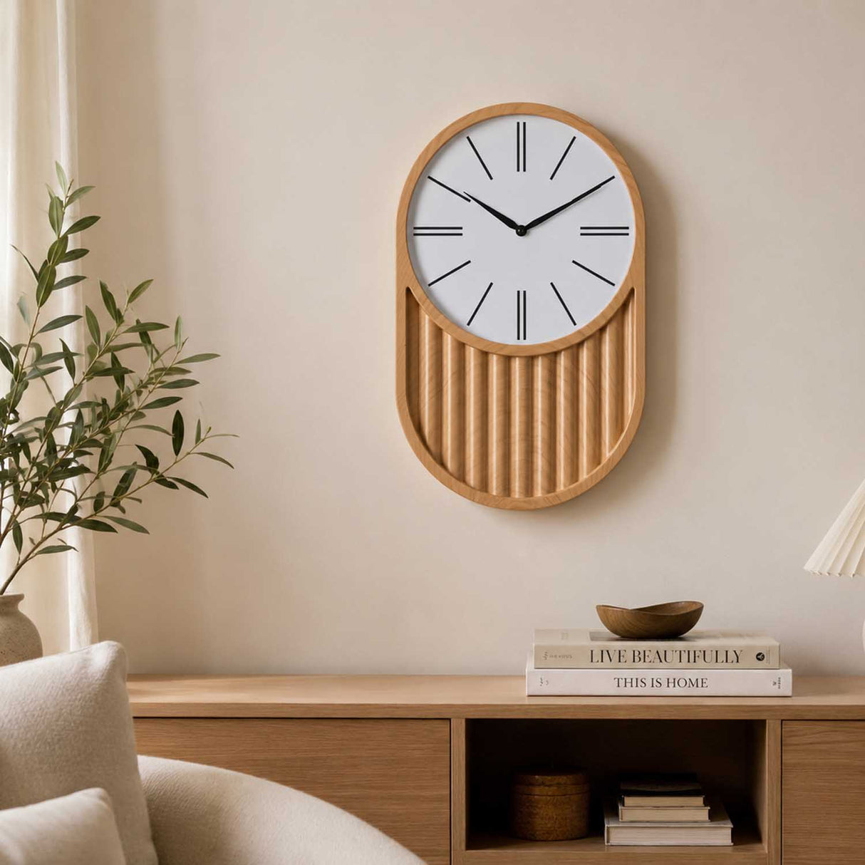 Oval Fluted Wall Clock- Light Brown