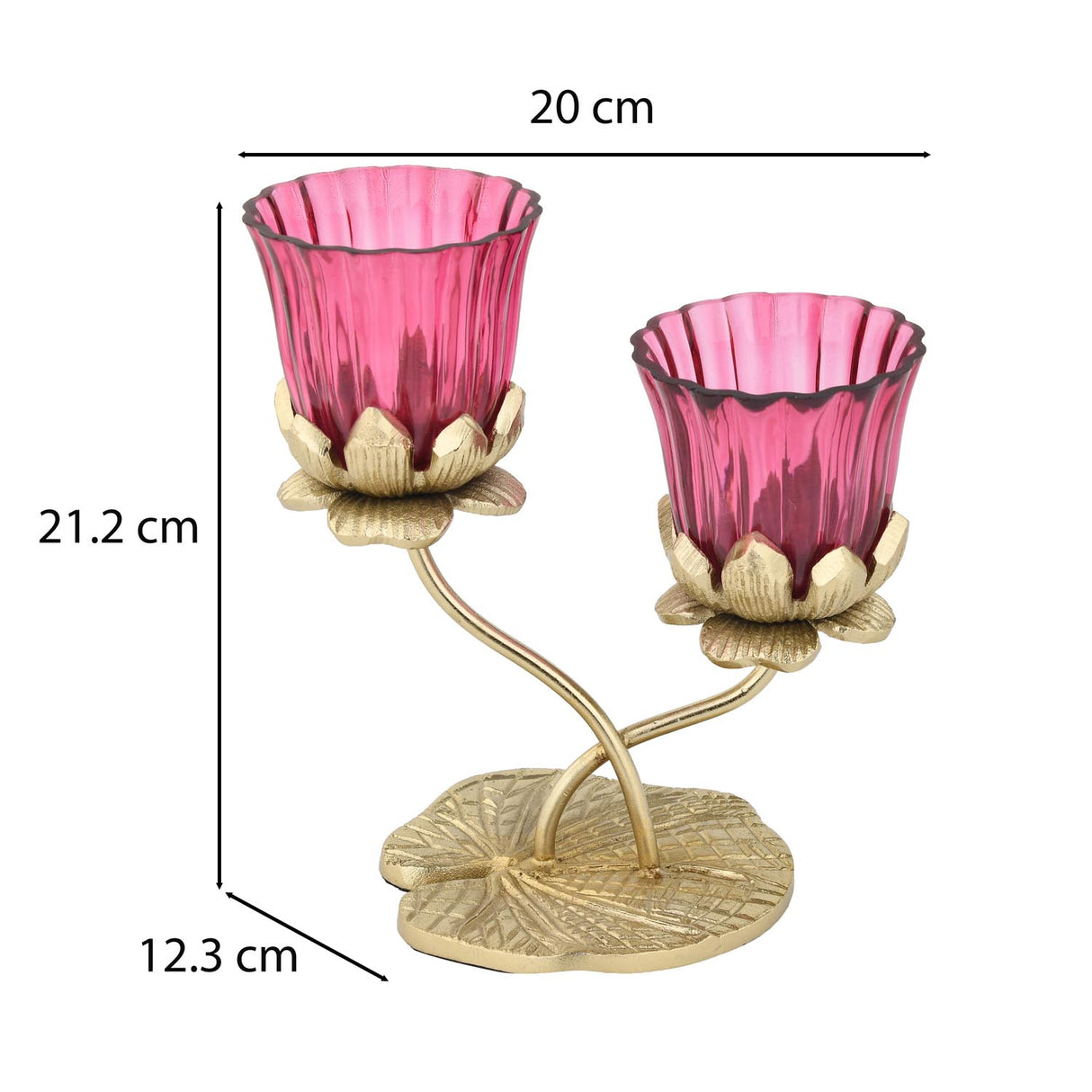 Two Lotus Metal and Glass Candle Holder- Pink & Gold