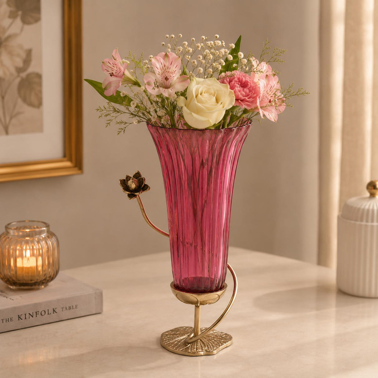 Swirl Lotus Metal and Glass Tall Vase- Pink & Gold