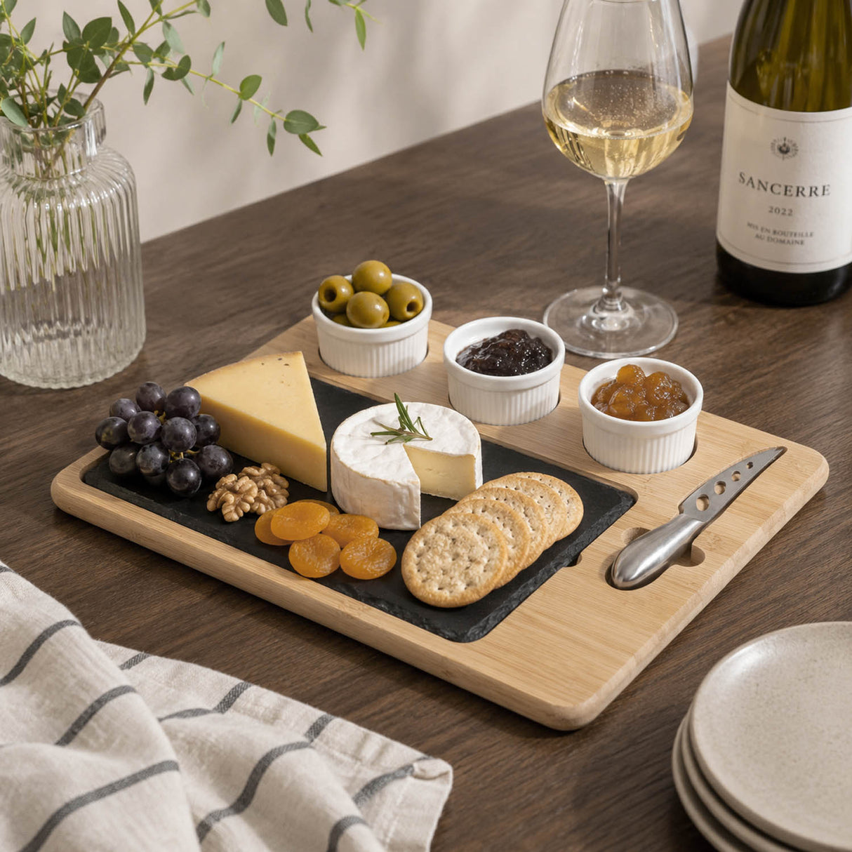 Cheese Plate Board Set with 3 Dip Bowls- Beige