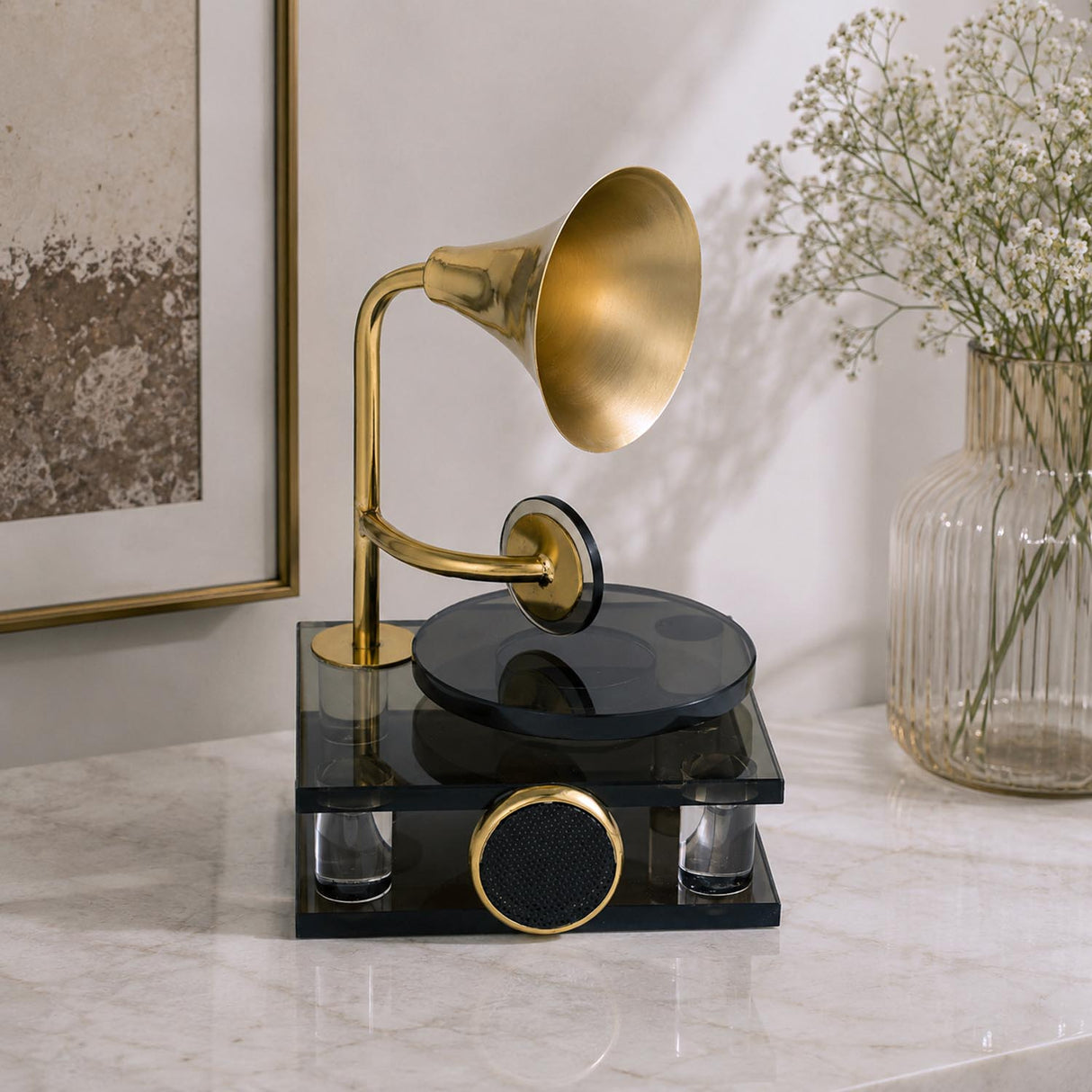 Decorative Metal & Acrylic Gramophone Showpiece- Gold & Black