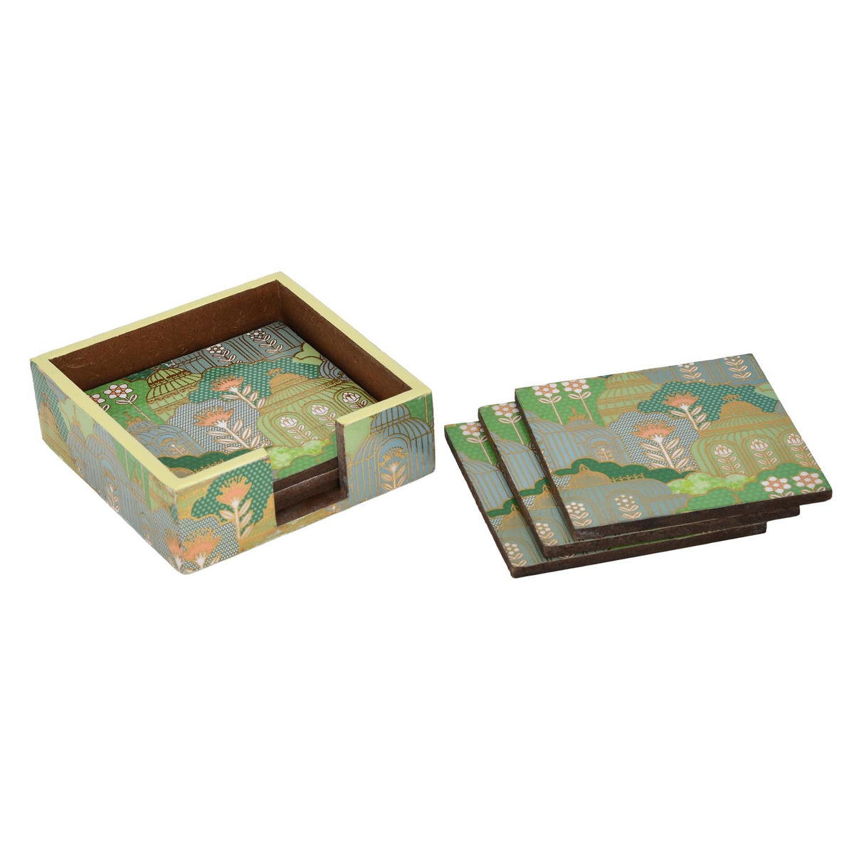 Decorative Coaster Set of 4 with Holder- Green