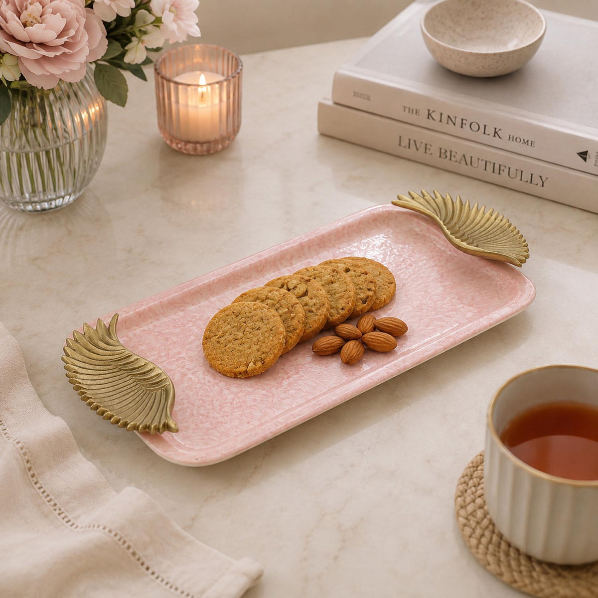 La Rosa Rectangular Tray with Wing Handle- Pink & Gold