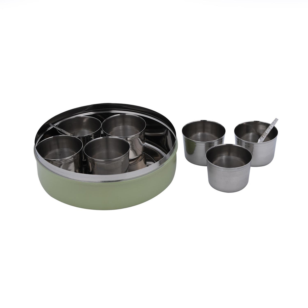 Round Iron Masala Box With 7 Bowls and Lid- Sage Green