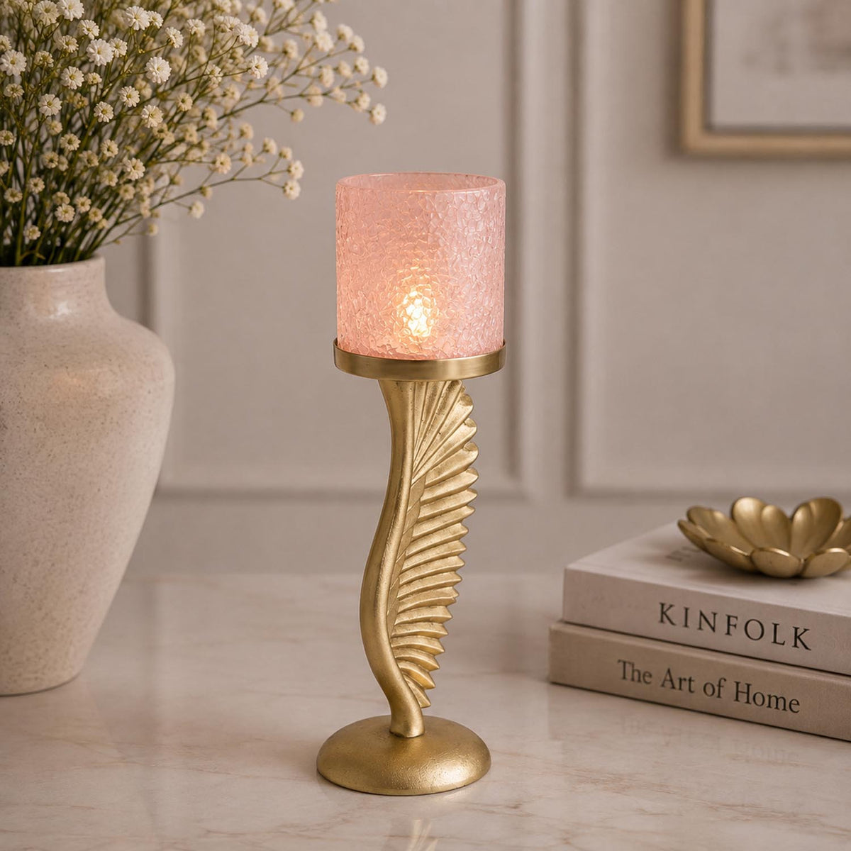 La Rosa Decorative Candle Stand with Wing Base, Small- Pink & Gold