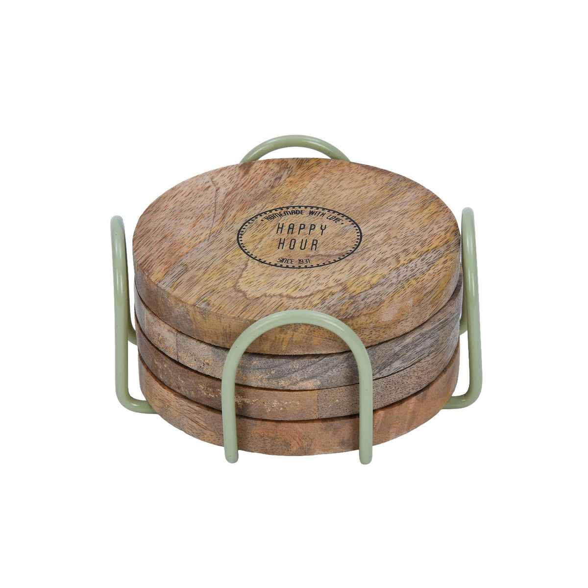 Happy Hour Wooden Printed Coaster Set of 4 with Stand- Sage Green