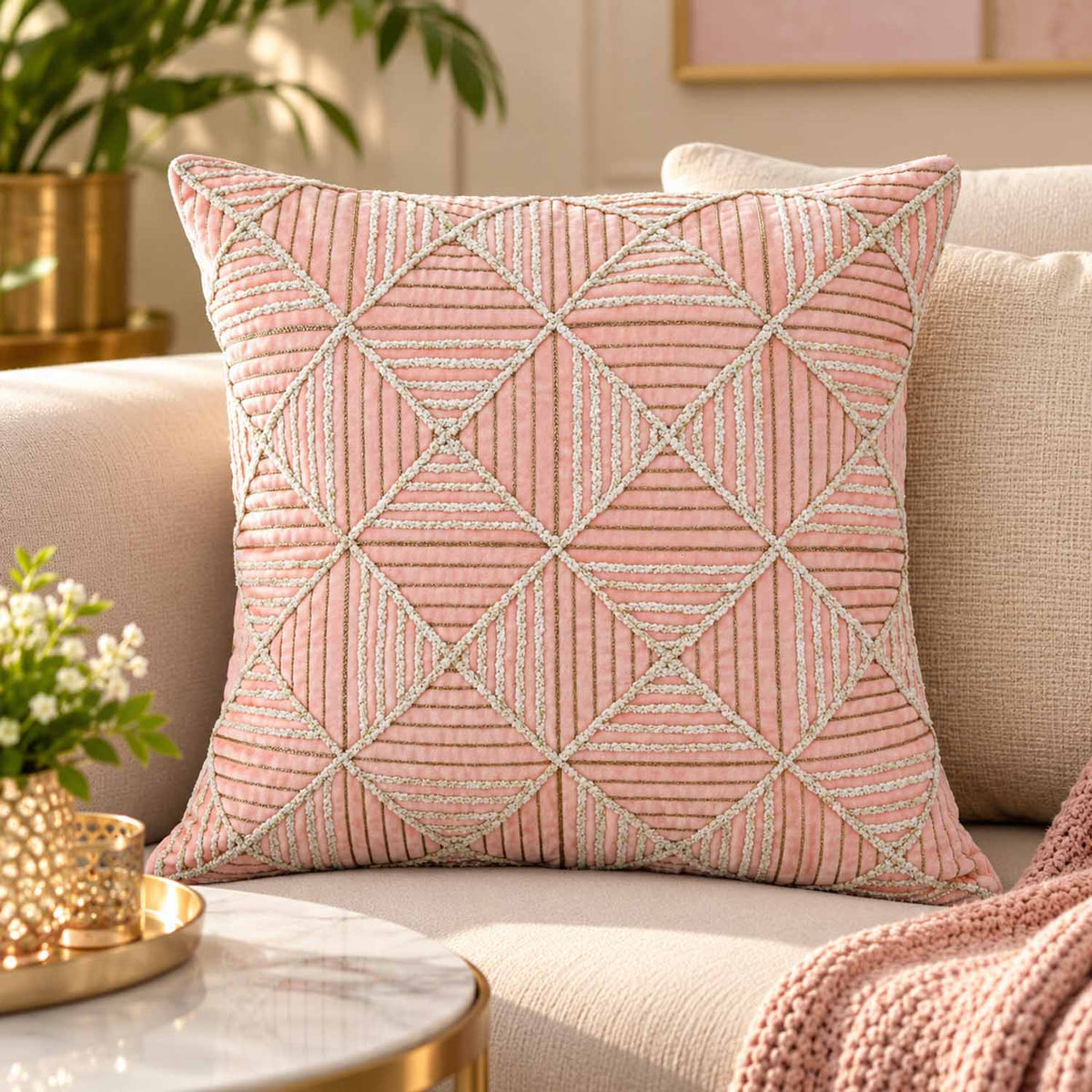 La Rosa Diamond Grid Cushion Cover- Pink