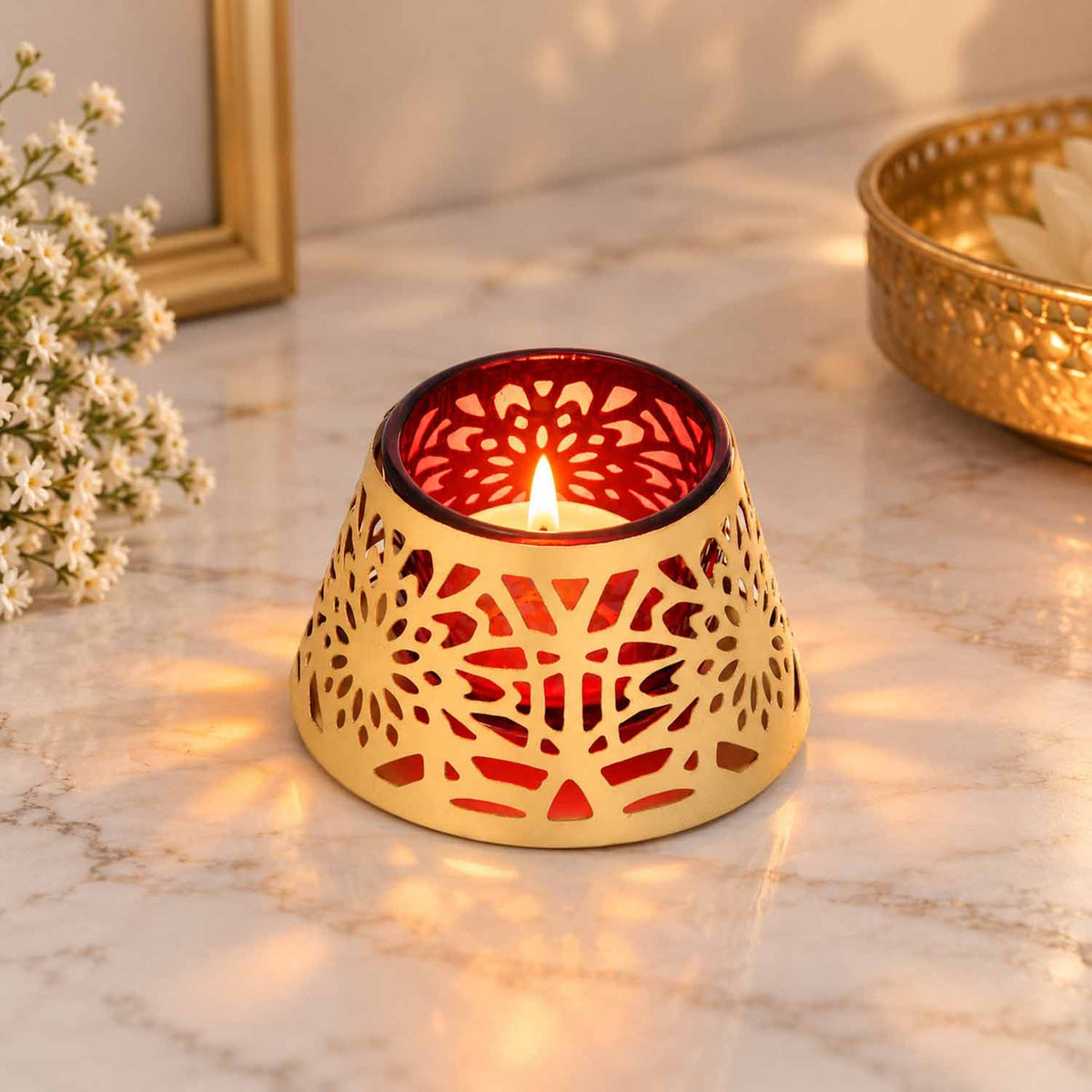 Golden Bloom Decorative Votive Tealight Candle Holder- Golden & Red