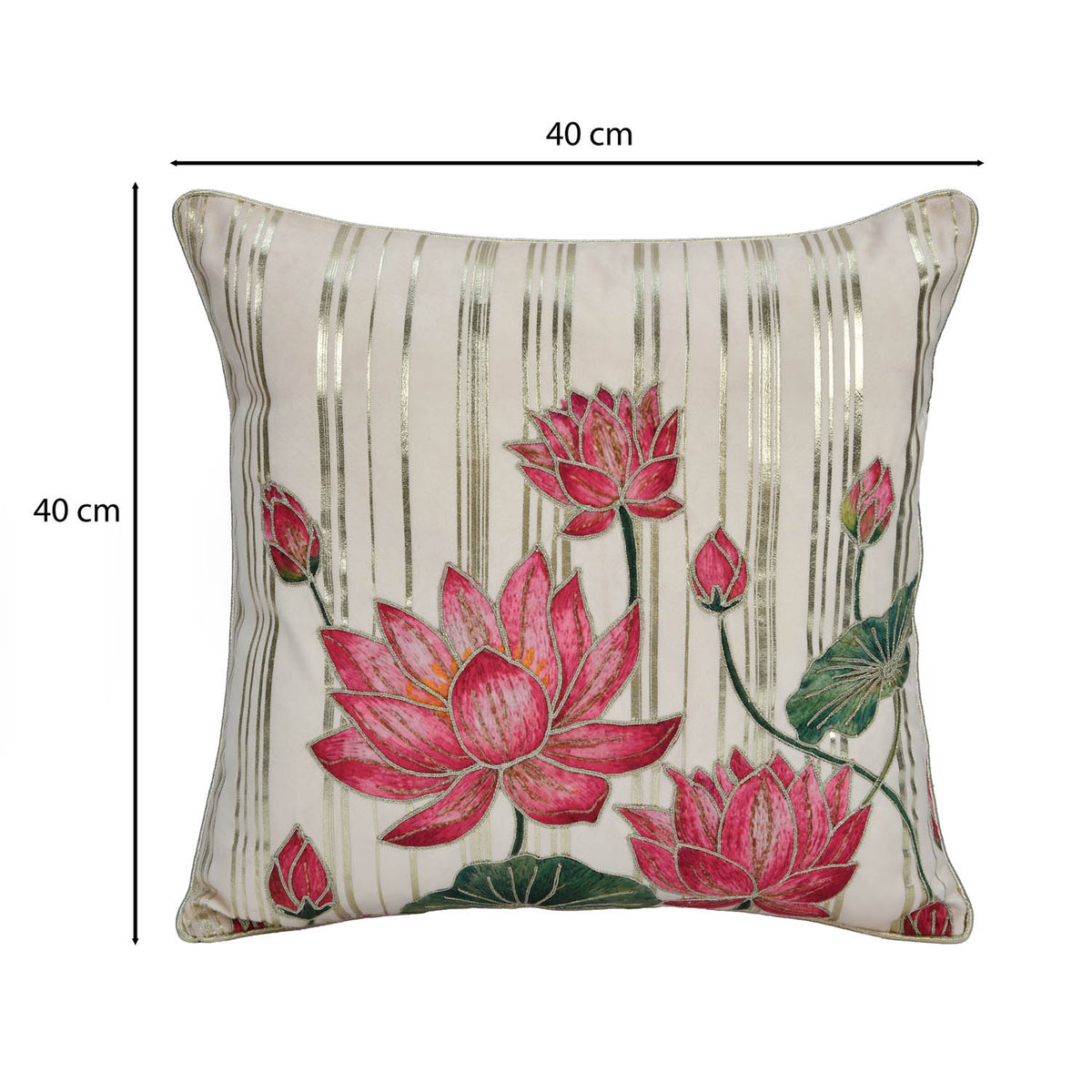 Madhuban Golden Strips 16" x 16" Cushion Cover- Cream