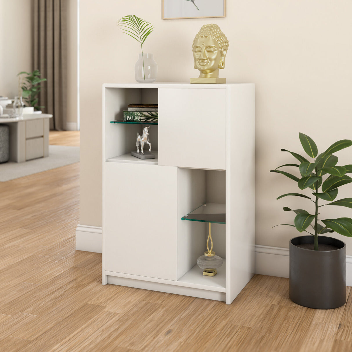 Ivory white storage cabinet with glass shelves 2