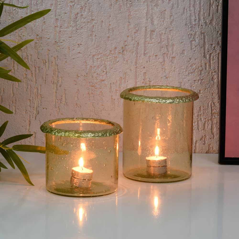 Decorative Metal & Glass Candle Holders Set of 2- Gold