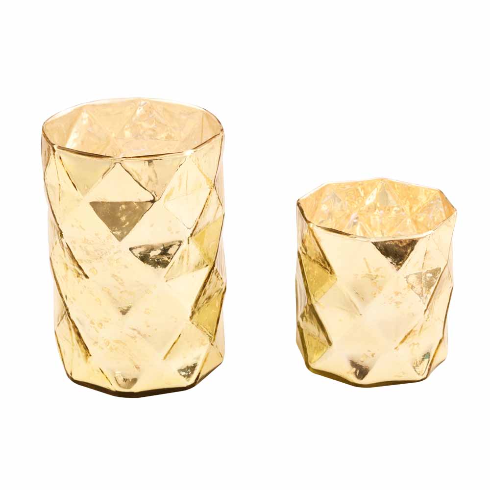 Cylindric Diamond Glass Candle Holder Set of 2- Gold