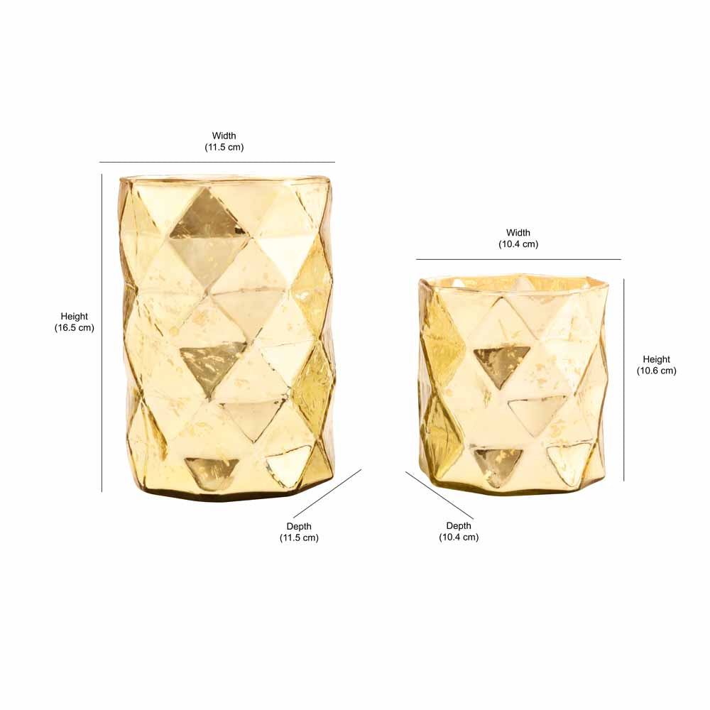 Cylindric Diamond Glass Candle Holder Set of 2- Gold