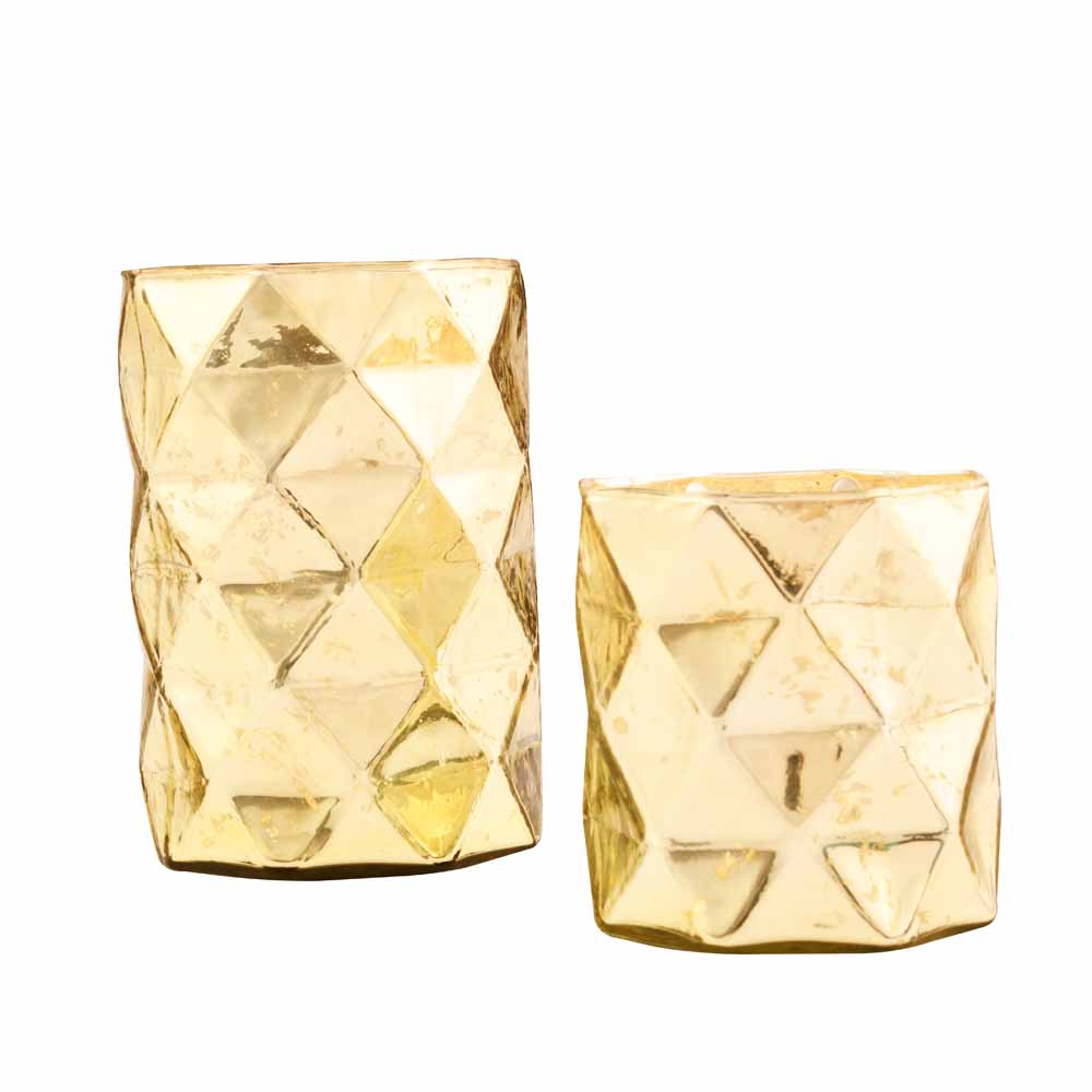 Cylindric Diamond Glass Candle Holder Set of 2- Gold