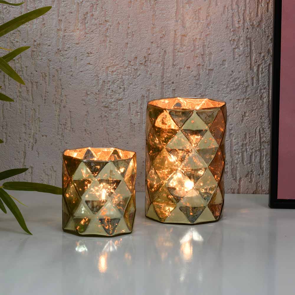 Cylindric Diamond Glass Candle Holder Set of 2- Gold