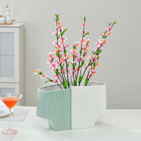 Nilkamal Decorative Fluted Dual Color Design Dolomite Vase (Green & White)