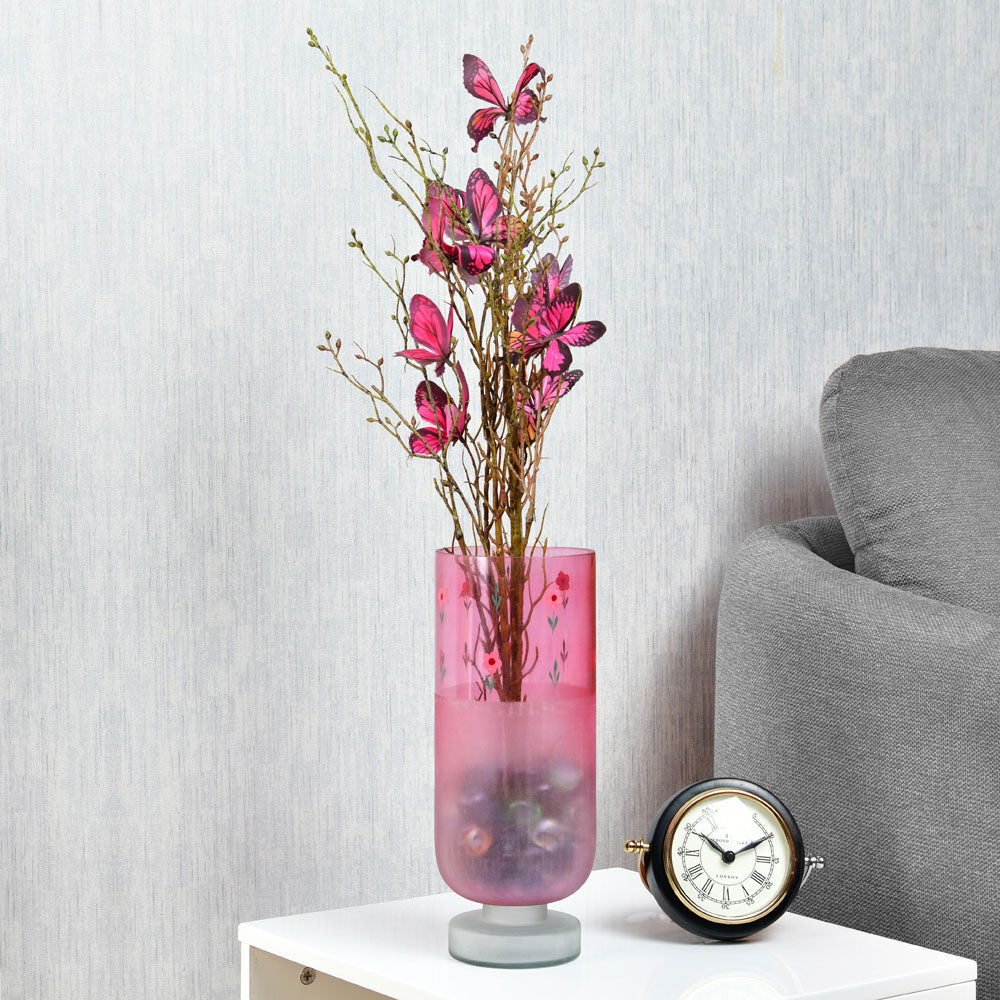 Hand-painted Floral Frost Large Glass Vase- Pink