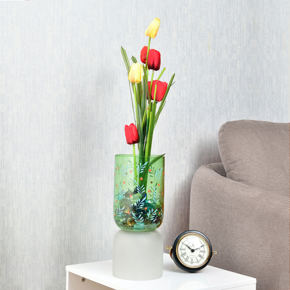 Hand-painted Dual Arch Leaf Design Small Glass Vase- Green