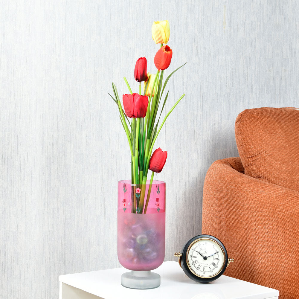 Hand-painted Floral Frost Small Glass Vase- Pink