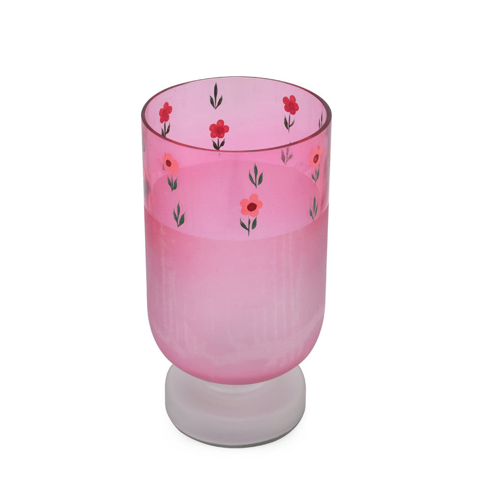Hand-Painted Floral Frost Glass Candle Holder- Pink