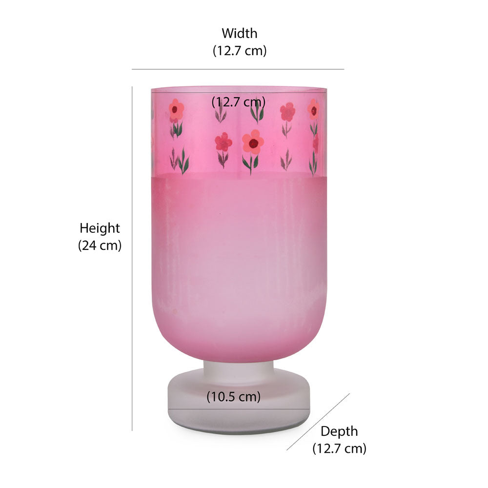 Hand-Painted Floral Frost Glass Candle Holder- Pink