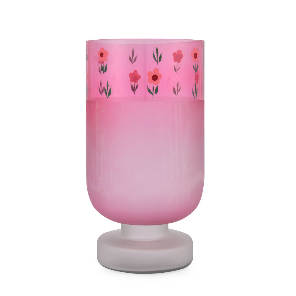 Hand-Painted Floral Frost Glass Candle Holder- Pink